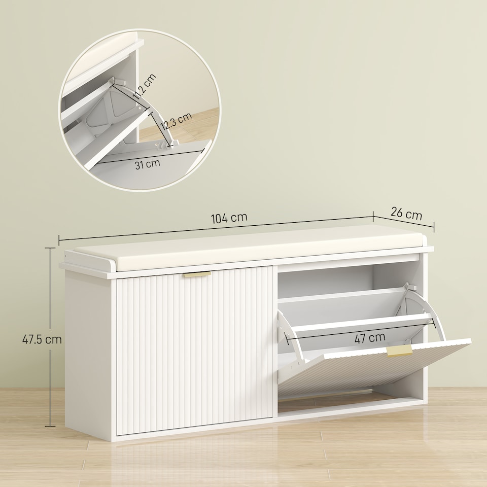 image 1 of HOMCOM Shoe Storage Bench with Cushion and Flip-Drawer 104x26x47.5cm White