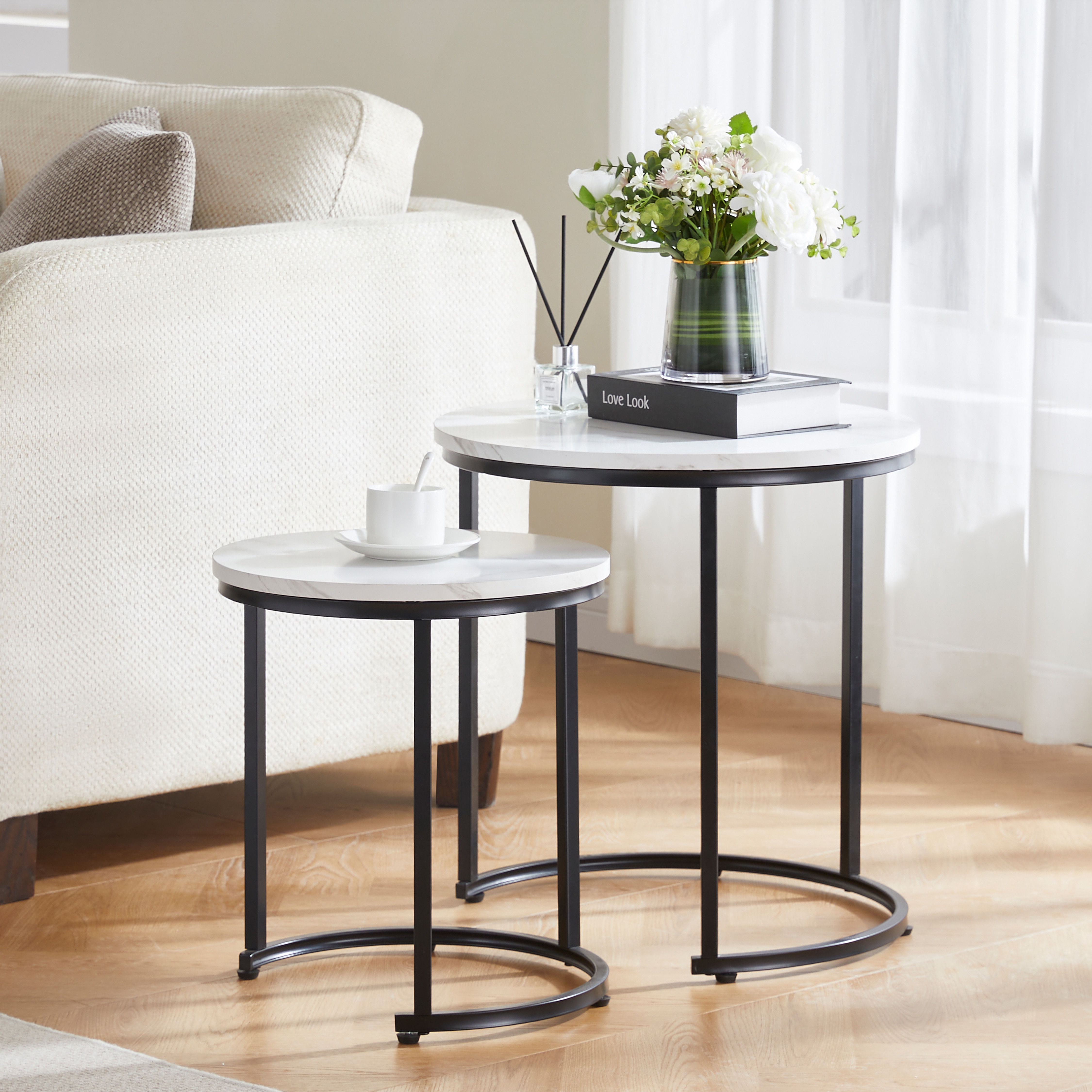 Vida Designs Brooklyn Round Nest of Tables 2 Piece Set Nesting Sofa Bedside Side Table, Marble