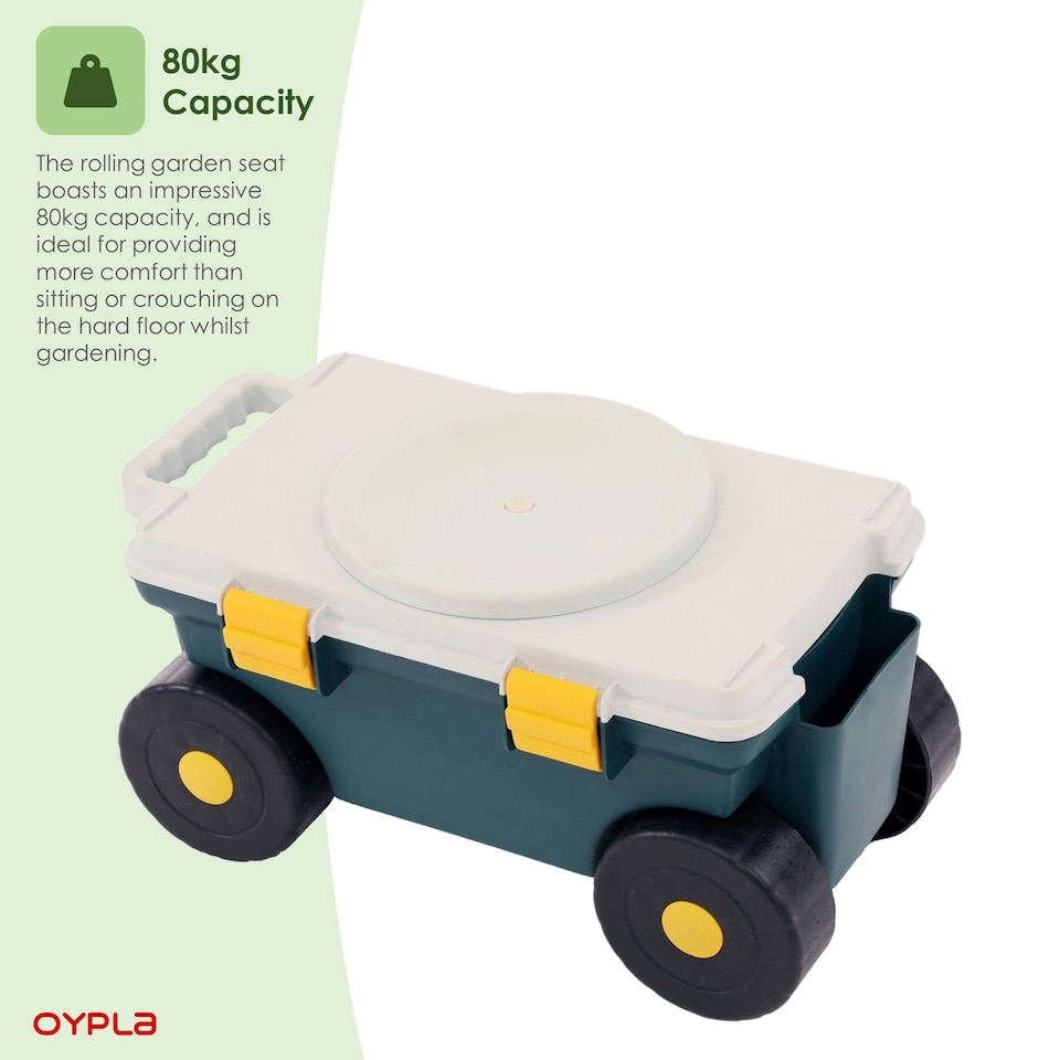 image 1 of Oypla Outdoor Garden Rolling Tool Cart Storage Box with Rotating Seat Green