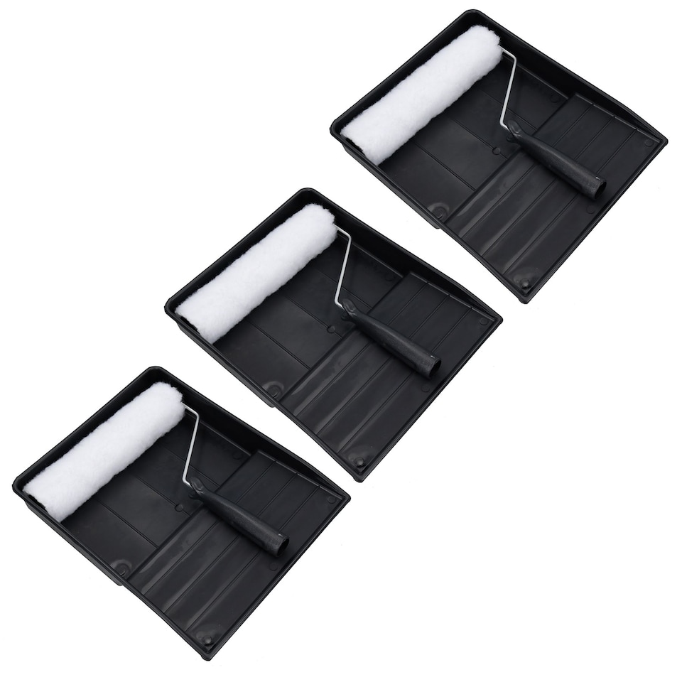 image 1 of 9” Painting Decorating Paint Tray and Wool Type Roller Egg Shell Gloss Paints 3pk