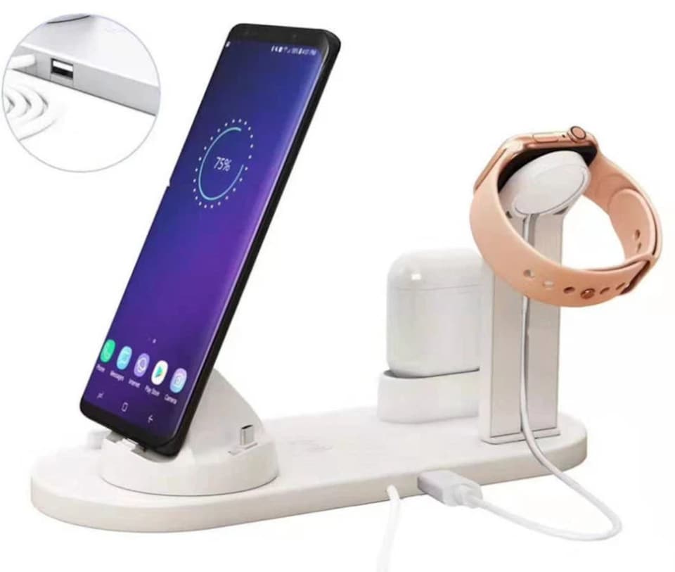 image 1 of 4 in 1 White Wireless Charger Stand for iPhone, AirPods & Apple Watch