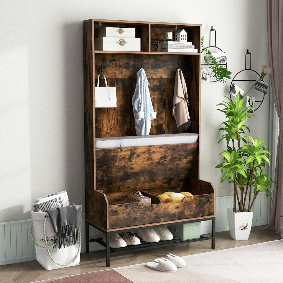 image 1 of COSTWAY 170cm Tall Hall Tree 4-in-1 Coat Rack Entryway Brown Brown | One Size