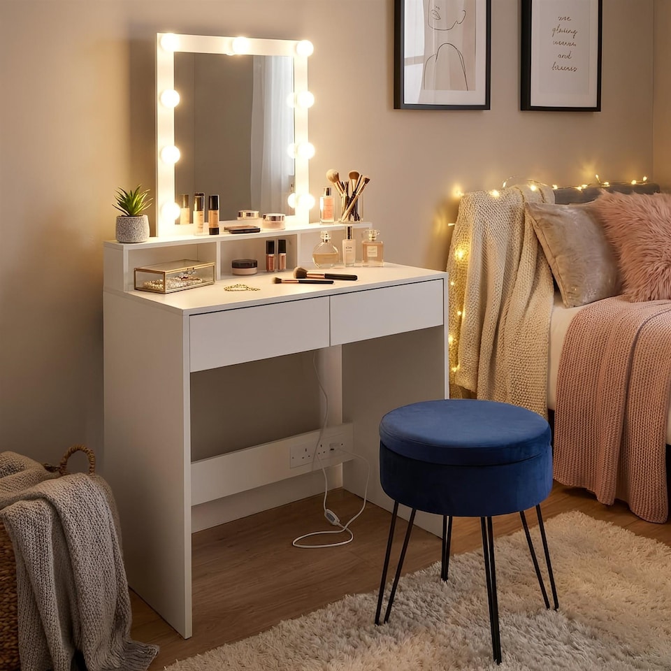 image 1 of Harbour Housewares Wooden Dressing Table Set with LED Lights & Blue Stool - White | White | White/Blue