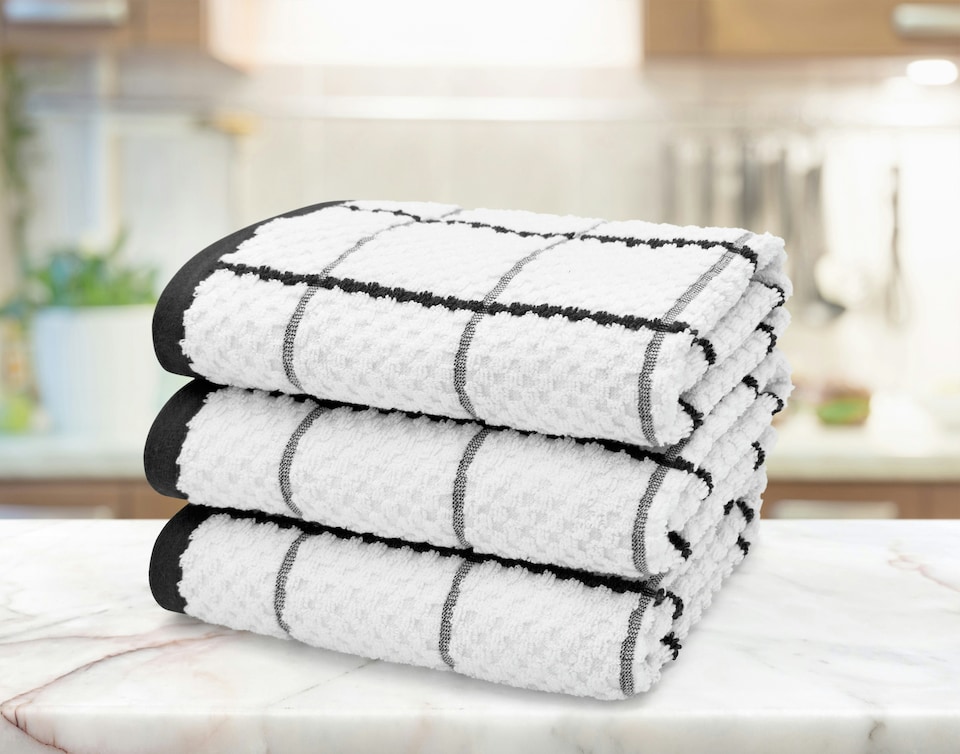 image 1 of Velosso Embroiderd Woven Checked Cotton Tea Towel 3 Pack | Black | Black | One size