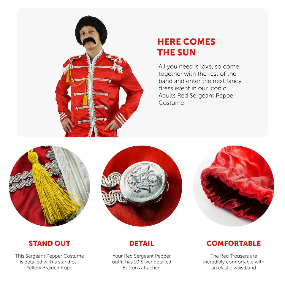 image 1 of Adults Red Pop Sergeant Costume – 60s Music Fancy Dress Outfit Red | M
