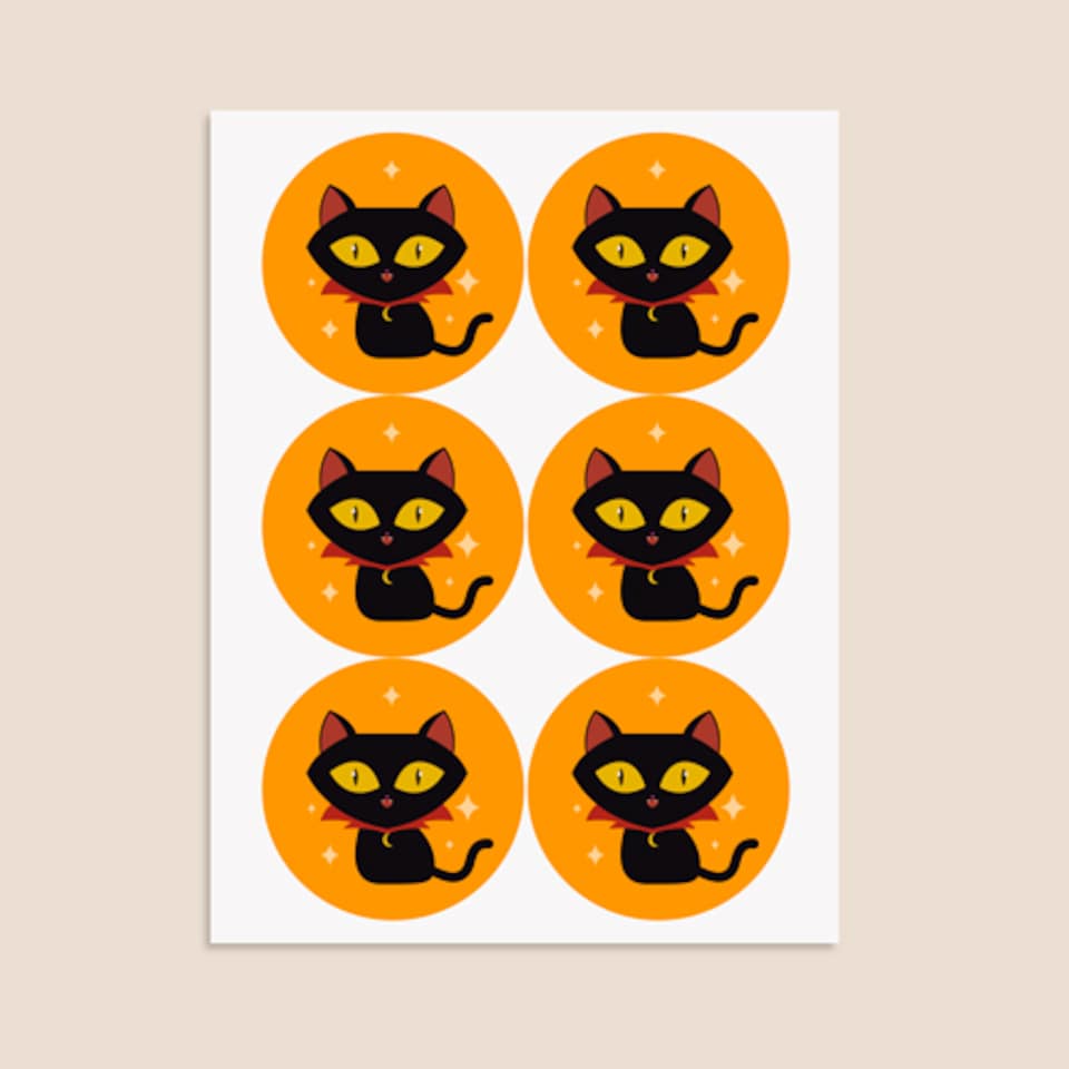image 1 of Vampire Cat Orange Halloween Round Stickers 88mm - Sheet of 6