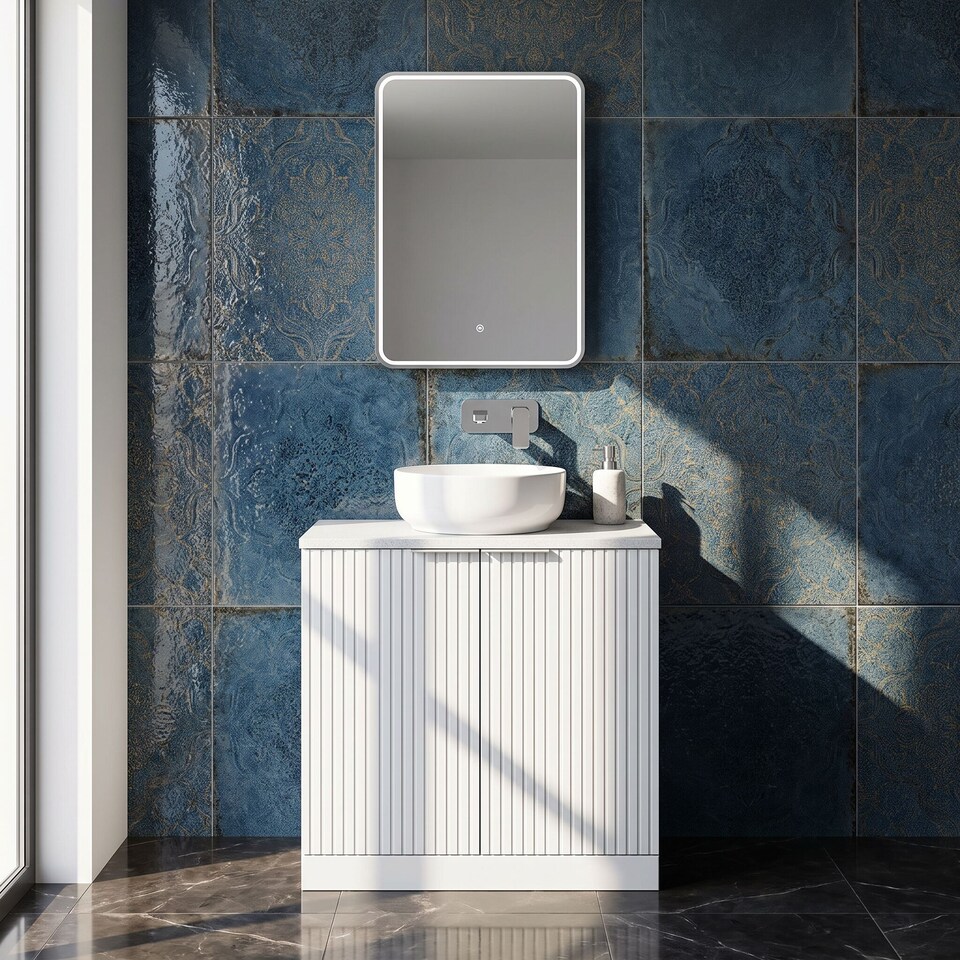 image 1 of Balterley Callingwood Contemporary Floor Standing 2 Door Vanity Unit with White Nebula Laminate Worktop , 800mm, Matt White