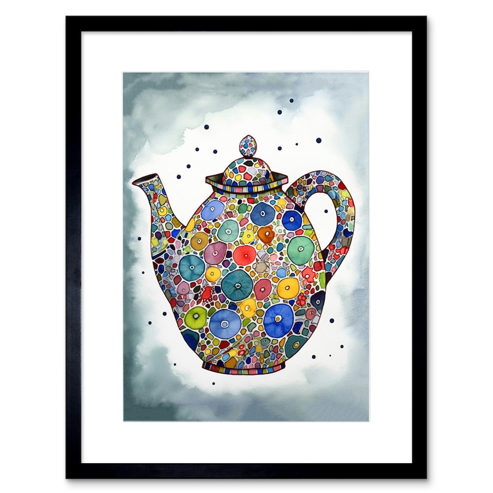 image 1 of Colourful Teapot Folk Art Kitchen 9x7" Black Framed Wall Art Print