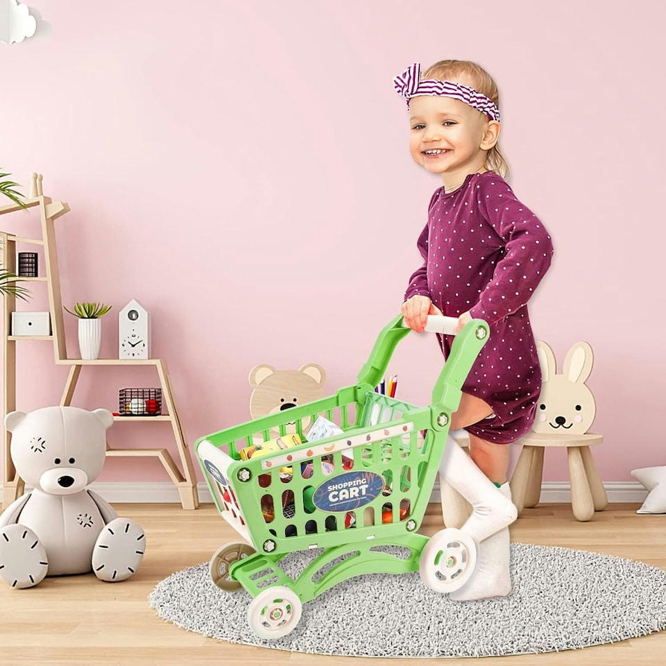 image 1 of Kids Shopping Cart Play Set – 65-Piece Pretend Grocery Kit with POS Machine, Plastic Money & Accessories  Easy Assembly for Ages 3+ (Green)