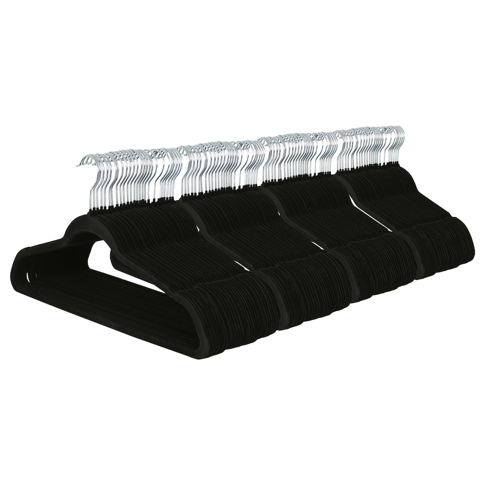 image 1 of Harbour Housewares 100x Velvet Hangers - 45cm - Black - Non-Slip Coat Hangers with Trouser Bar Clothes Bar 360 Degree Swivel Hook