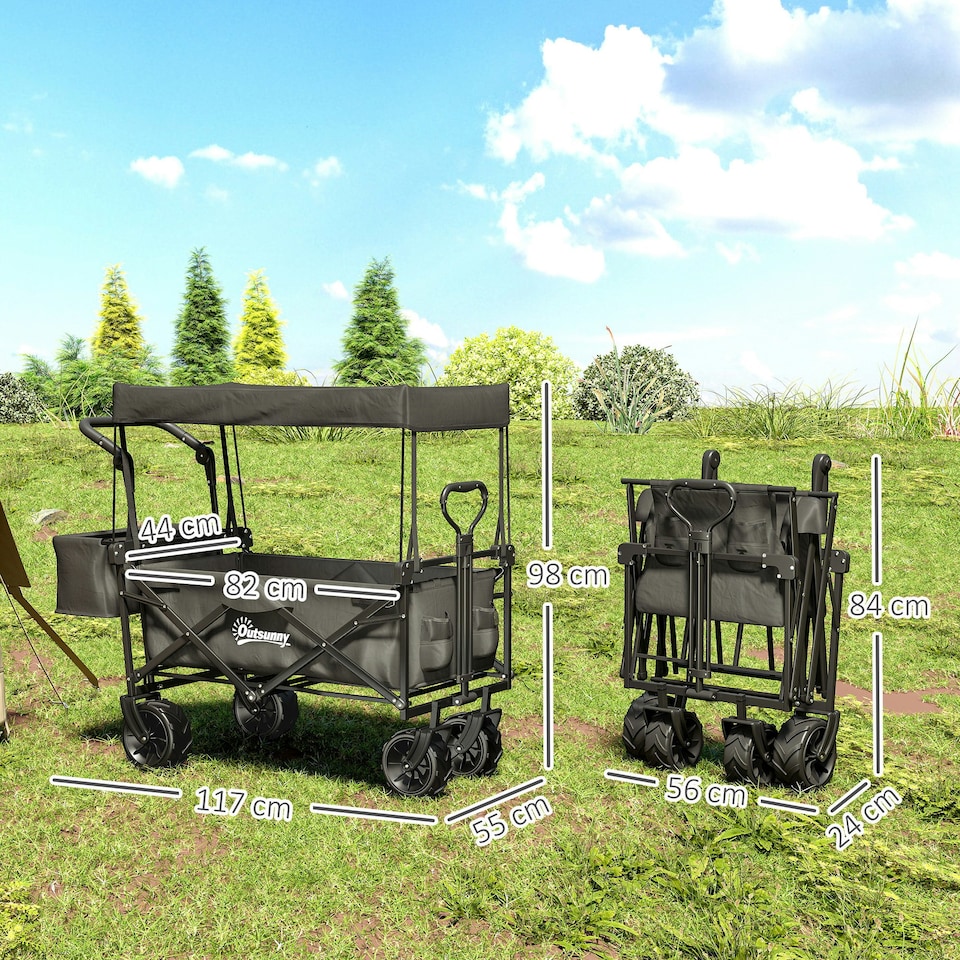 image 1 of Outsunny Outdoor Push Pull Wagon Stroller Cart w/ Canopy Top Black