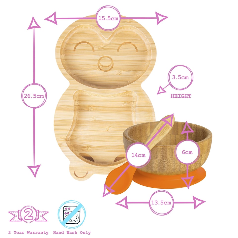 image 1 of Tiny Dining 4pc Penguin Bamboo Suction Baby Feeding Set - Orange