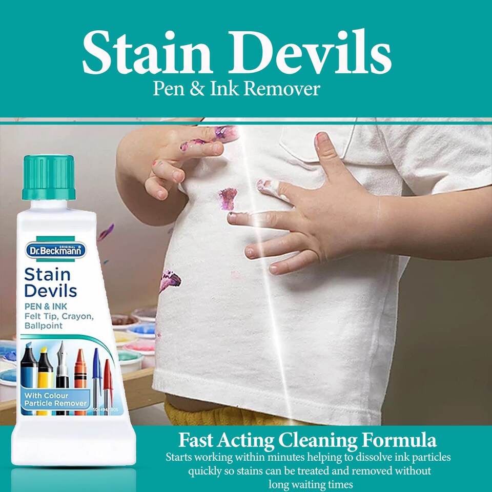 image 1 of Dr Beckmann Stain Devils Pen and Ink Remover Fabric Stain Cleaner for Ballpoint Fountain and Felt Tip Ink 50ml Pack of 2