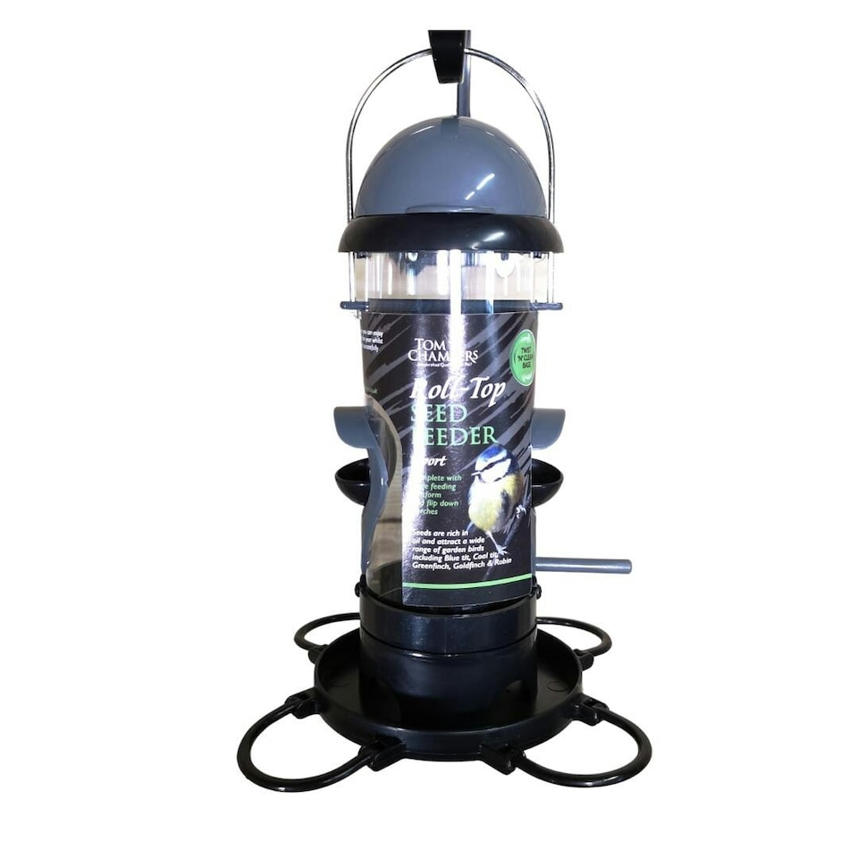 image 1 of Tom Chambers Roll Top 2 Port Garden Wild Bird Hanging Grey and Black Plastic Seed Feeder