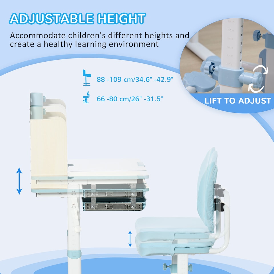 image 1 of HOMCOM Kids Desk and Chair Set, Height Adjustable Study Table for 3-12 Years | Blue