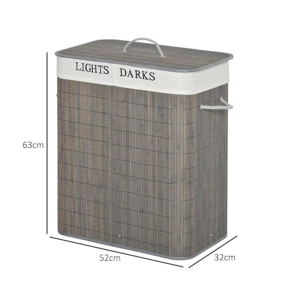 image 1 of HOMCOM 2 Section Collapsible Laundry Hamper Lid Removable Lining, Grey