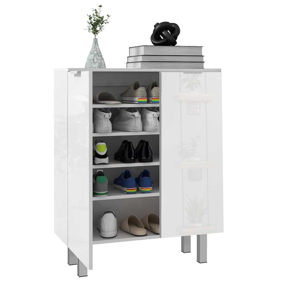 image 1 of HOMCOM Shoe Cabinet, Compact Shoe Storage Cabinet with Soft-Close Hinges and Adjustable Shelves for 15-20 Pairs of Shoes, High Gloss White