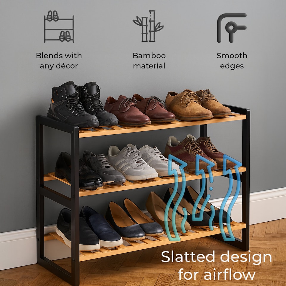 image 1 of Neo Black/Natural 3-Tier Bamboo Shoe Rack Stand Natural Wooden Shoe Storage Shelf for Hallway Bedroom Bathroom | Black | Black And Wood
