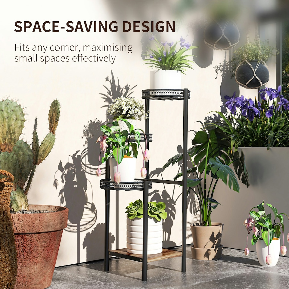image 1 of Outsunny 4 Tiered Plant Pot Stand, Metal Plant Shelf for Living Room Black