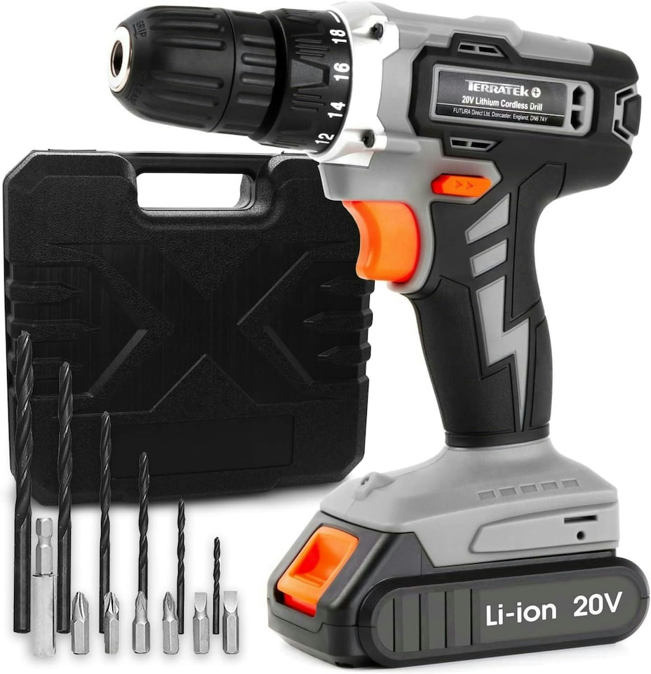 image 1 of Terratek 20V Cordless Drill & Screwdriver Set (Battery, Charger & Carry Case Included)