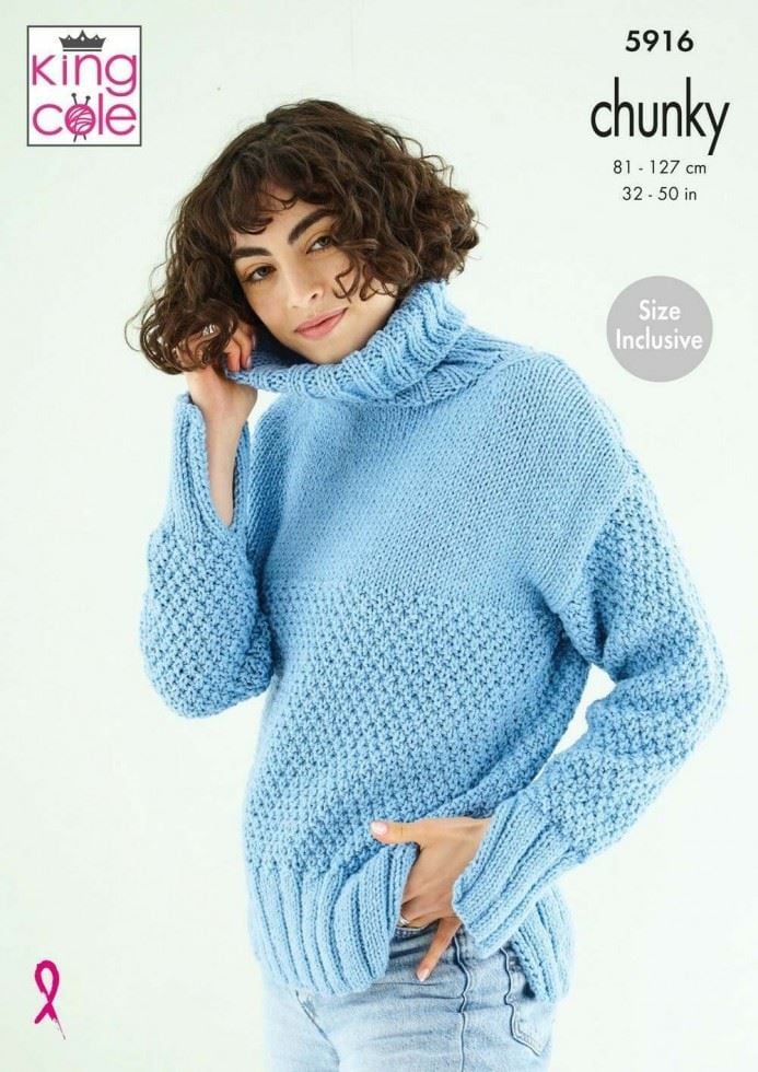 King Cole Subtle Drifter Chunky Knitting Pattern 5916, Sweaters for Women - 32 - 50 Inches