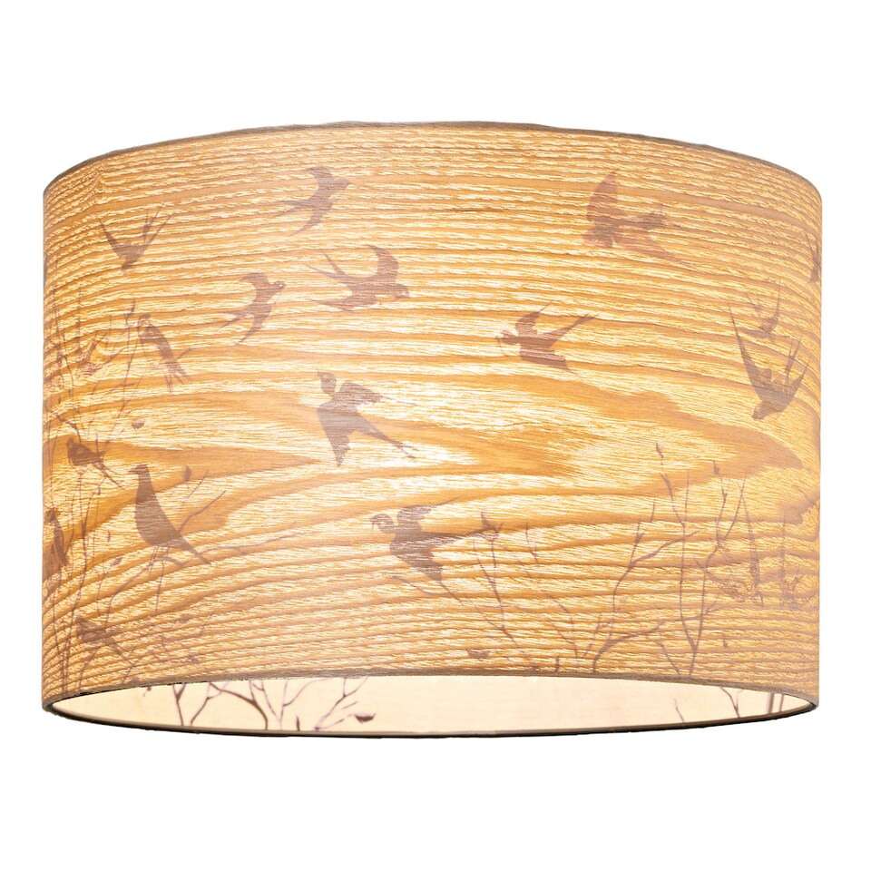 image 1 of Bamboo Wood Effect Lamp Shade with Inner Lining of Birds and Trees | Brown