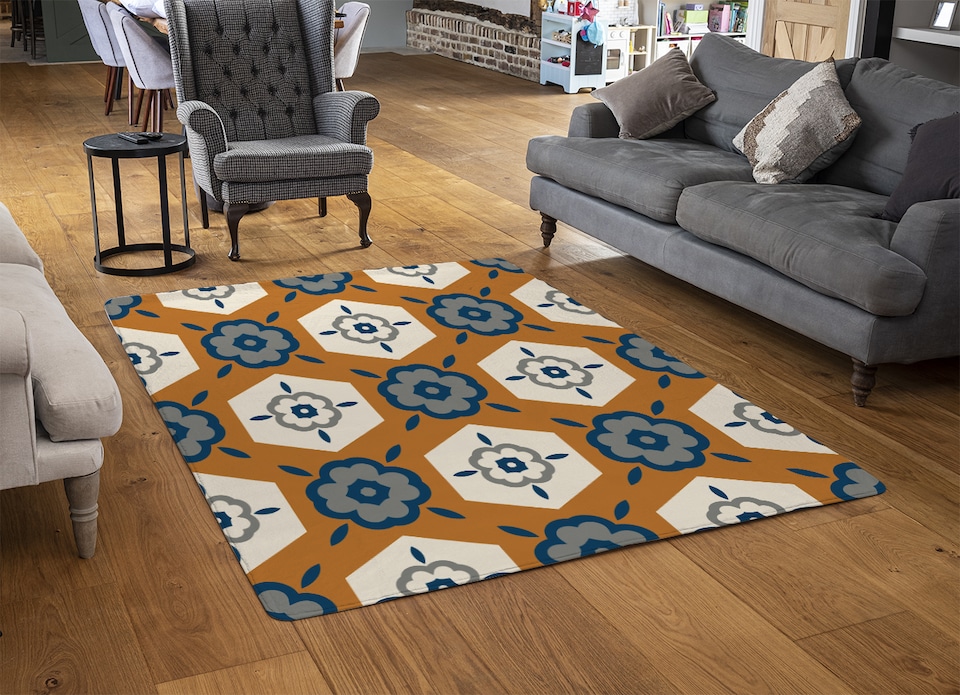 image 1 of Rust Orange Background With Gray, Navy Blue And Beige Designer Rug | Multi