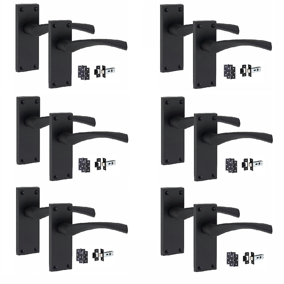 image 1 of Golden Grace 6 Sets Victorian Scroll Astrid Door Handles Latch in Matt Black with 1 Pair of 3" Ball Bearing Hinges & Latches Pack - 120mm x 40mm Backplate Black
