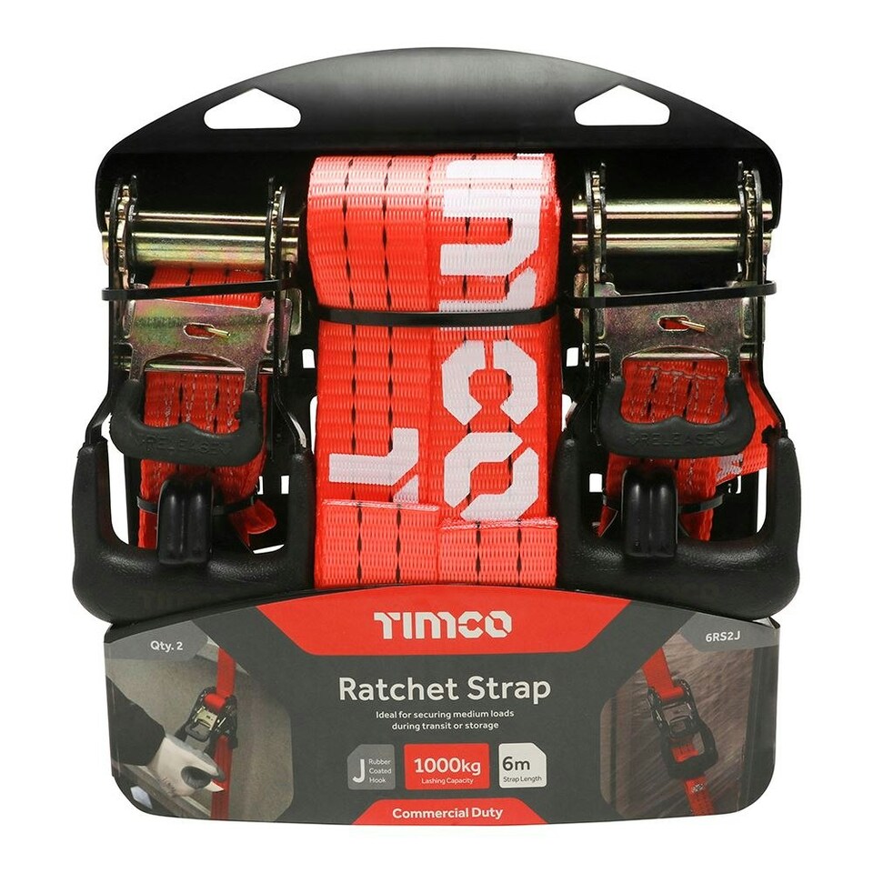 image 1 of Timco - Ratchet Straps - J Hook - Commercial Duty (Size 6m x 35mm - 2 Pieces)