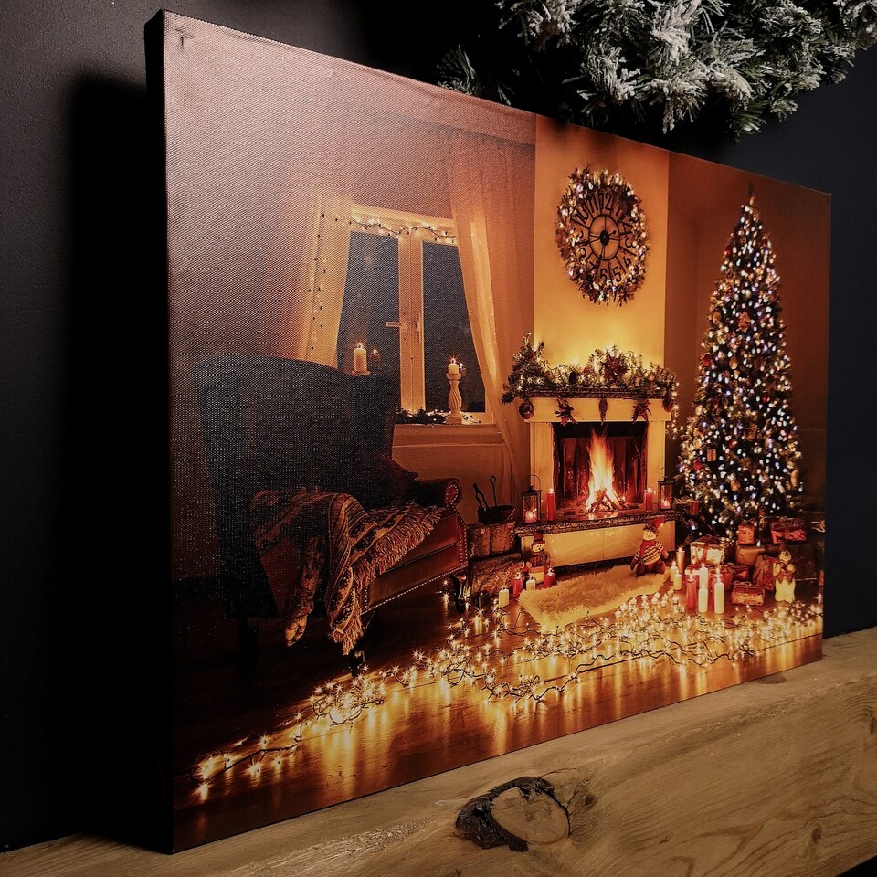 image 1 of 40 x 60cm Fibre Optic Wall Canvas with Christmas Tree Scene and Multicoloured LEDs