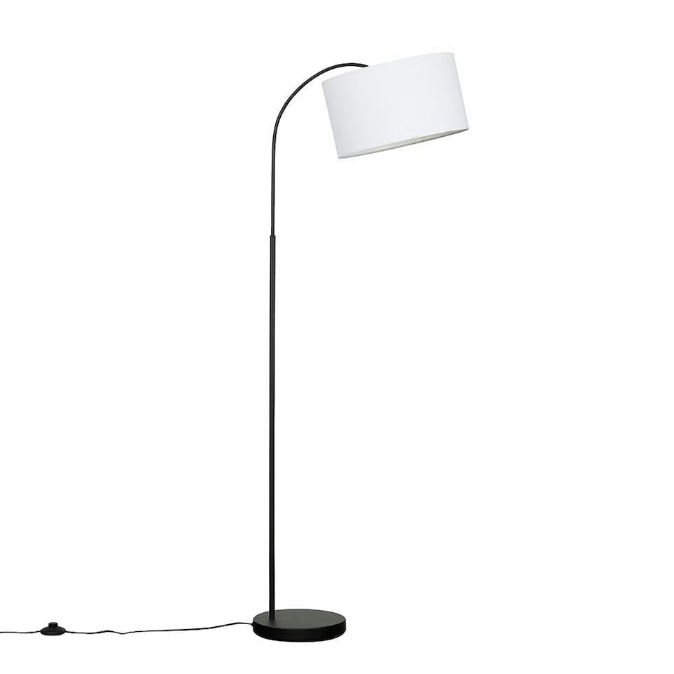 image 1 of ValueLights Curva Gloss Black Floor Lamp with Medium White Drum Shade and LED Bulb