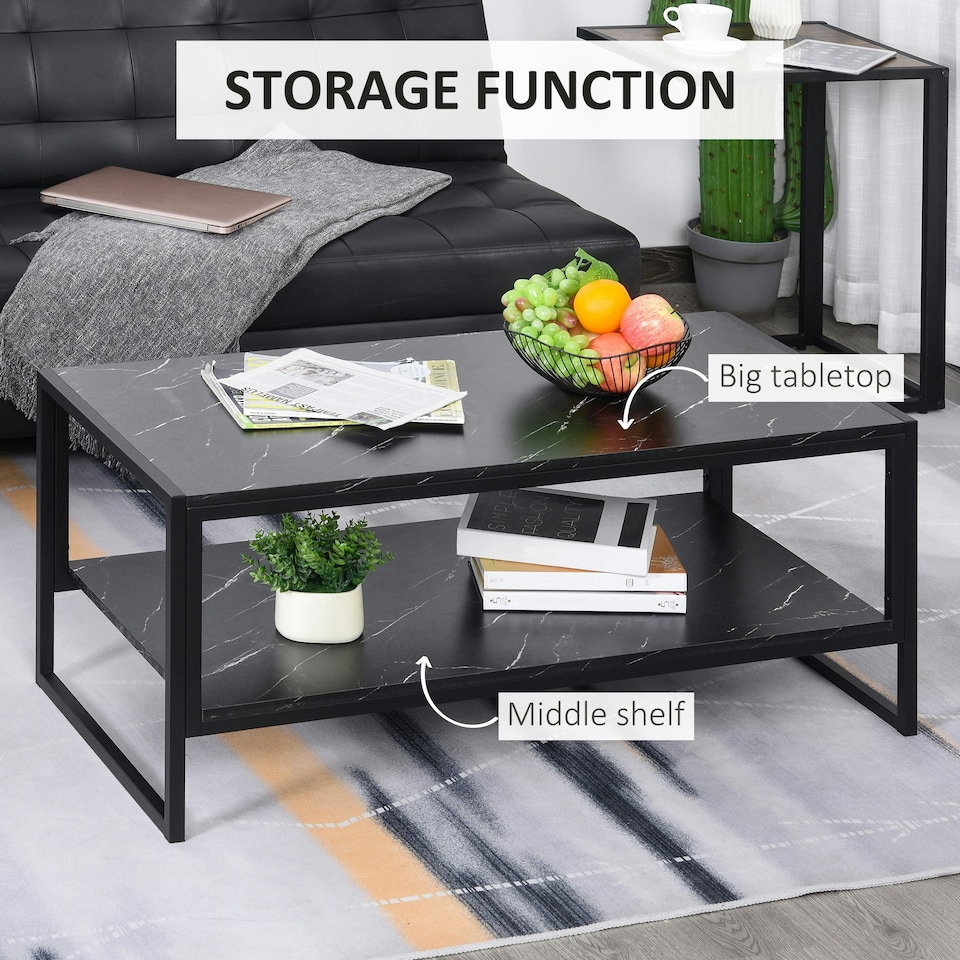 image 1 of HOMCOM Two-Tier Coffee Table Marble Effect Shelf Metal Frame Black Black