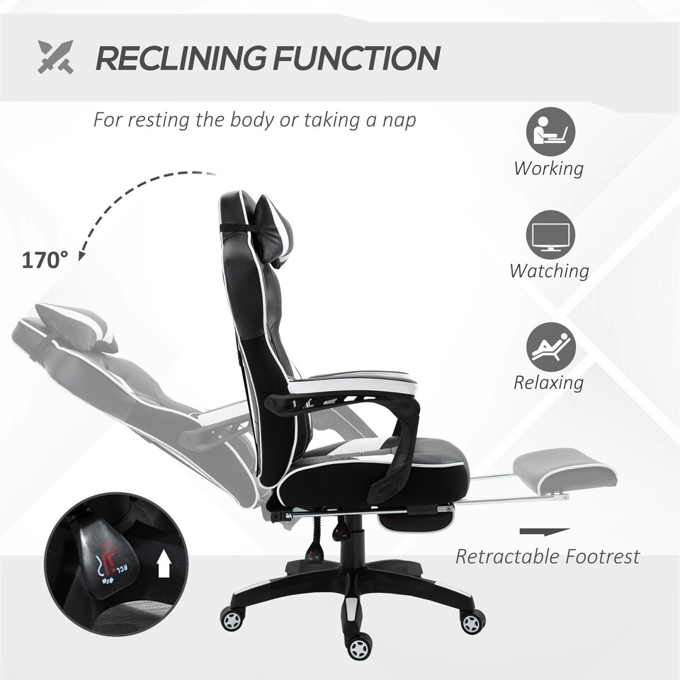 image 1 of Vinsetto Gaming Chair Ergonomic Reclining Manual Footrest Wheels Stylish White
