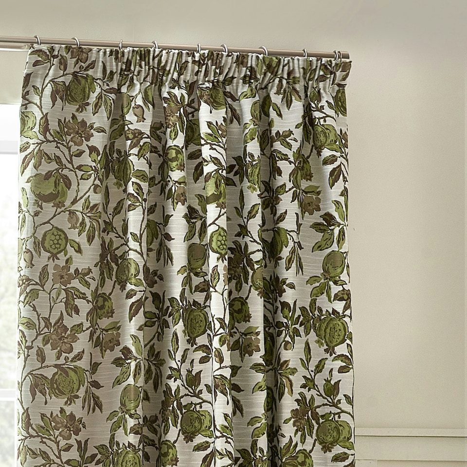 image 1 of Wylder Pomegranate Floral Jacquard Green Pencil Pleat Curtains (W)168cm x (W)229cm | Multi