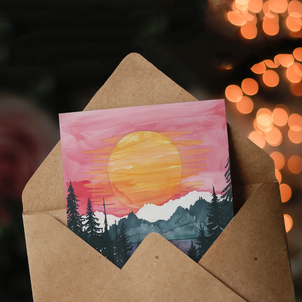 image 1 of Greeting Card Lake Tahoe Forest Winter Sun Sunset Watercolour Birthday