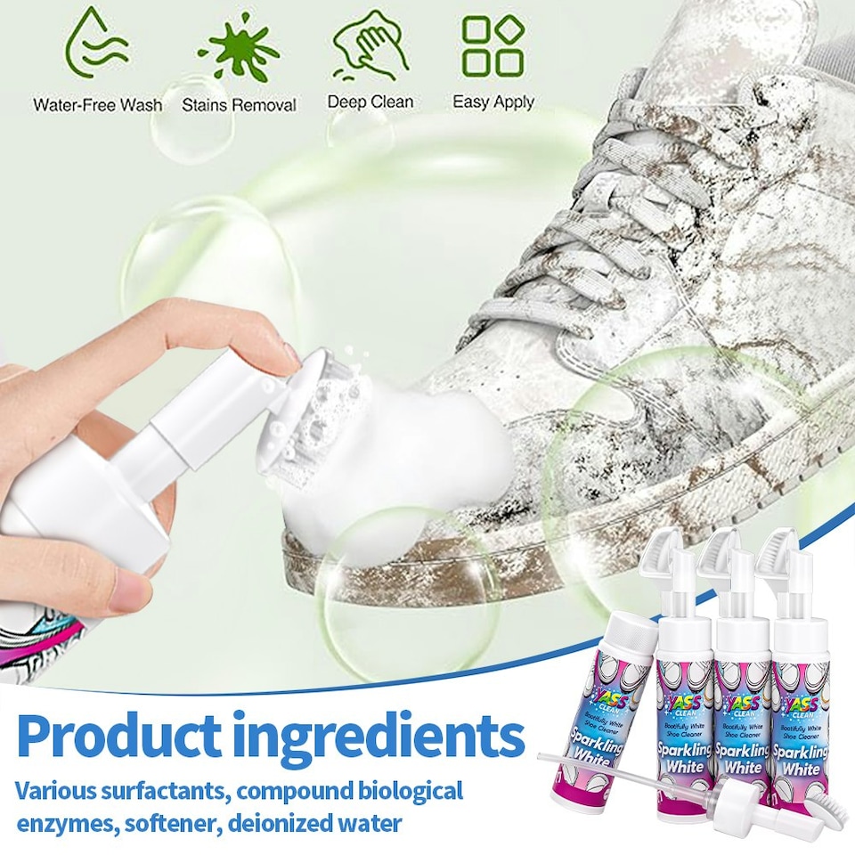 image 1 of Yass Clean White Shoe Cleaner Set, 200ml x 4 Bottles, Foam Applicator with Brush, Sparkling White Formula