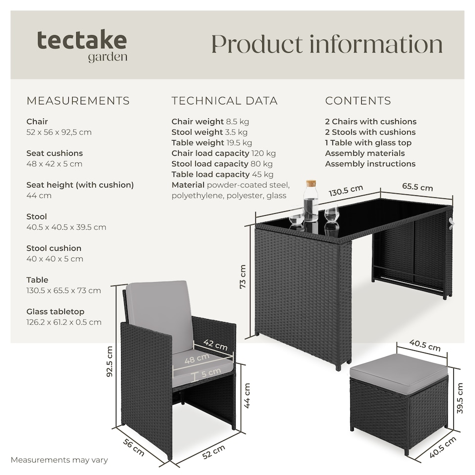 image 1 of Garden Table and Chairs Palermo - up to 4 people, chairs, stools and table, weather and UV-resistant | Black | black/grey | 202 x 130,50 x 92,50 cm | 1