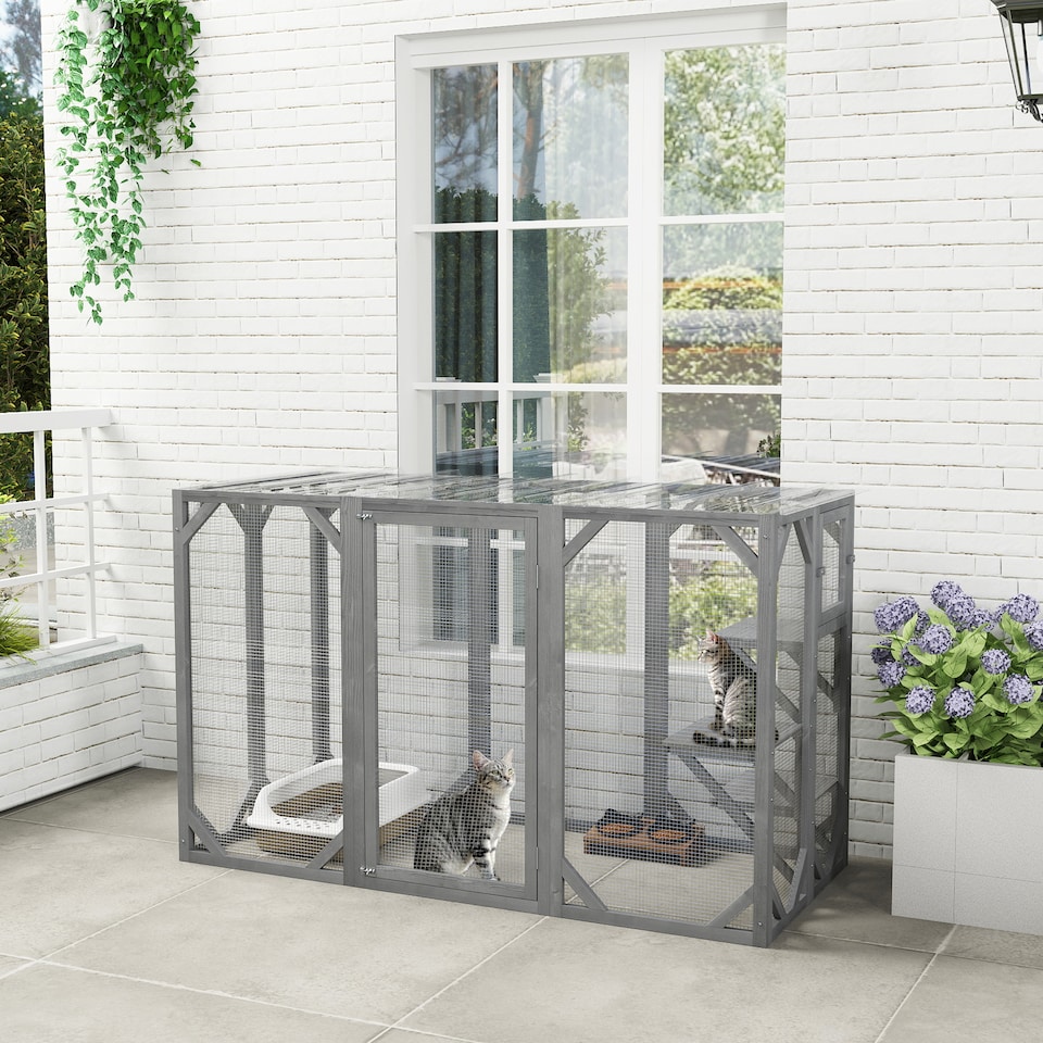 image 1 of PawHut 71 Wooden Cat House with 3 Platforms, Large Door for Multiple Cats
