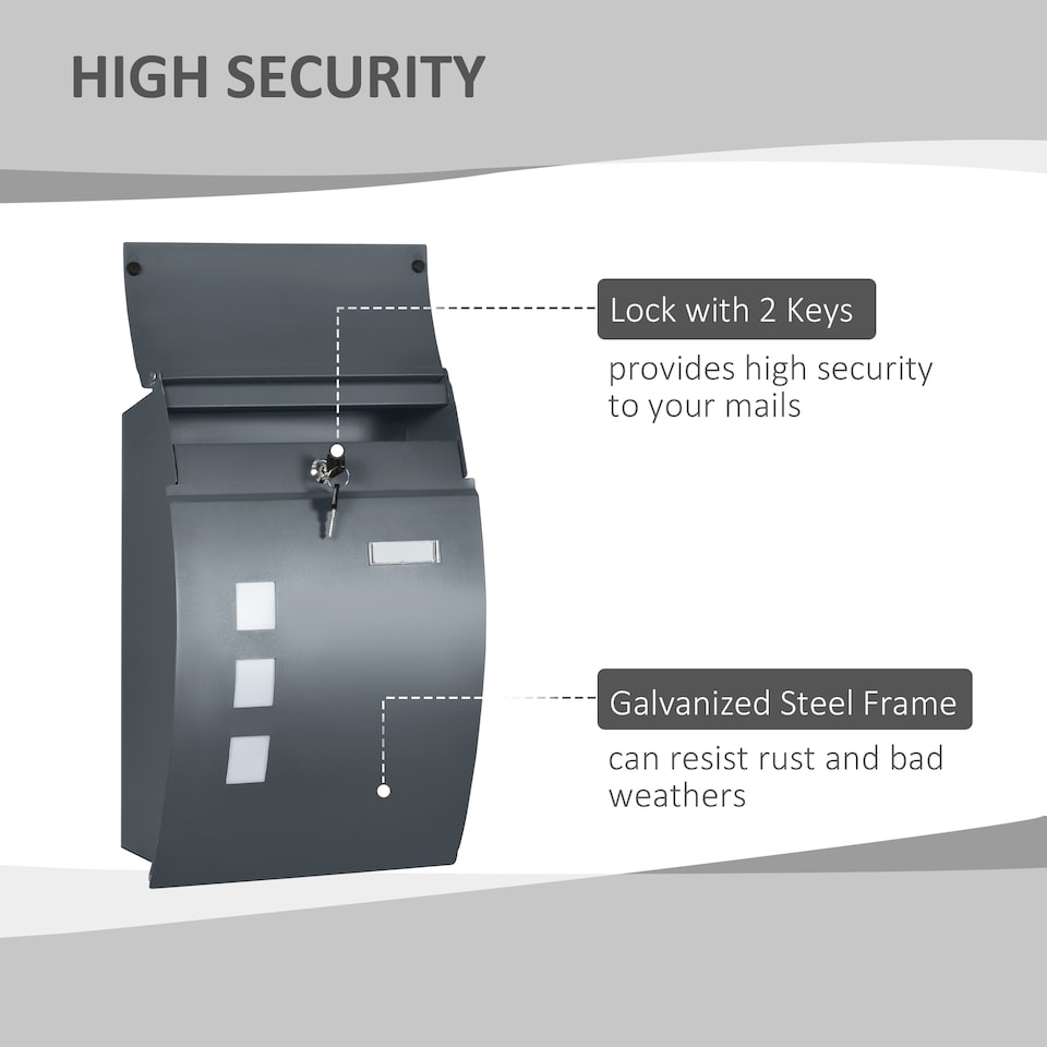 image 1 of HOMCOM Wall Mounted Letter Box, Weatherproof Post Box for Outside Wall, Modern Mailbox with 2 Keys and Nameplate, Anthracite Grey | Grey