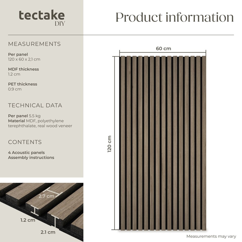 image 1 of Acoustic Wall Panels with Wood Veneer Slats, Thick Felt and Easy to Install | Brown | Dark oak | 120 x 60 x 120 cm | 4