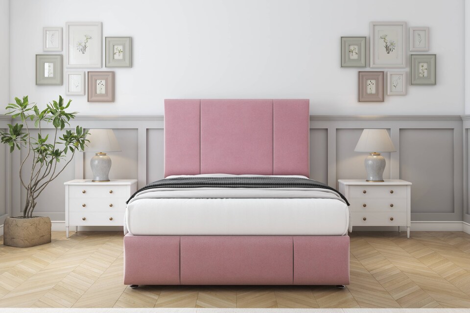 image 1 of Sloomy Lisbon Pink Plush Divan Bed With Mattress No Drawers With 54" Floor Standing Headboard & 12" Matching Footboard 4'6 Double | Pink | Pink | Double | 1