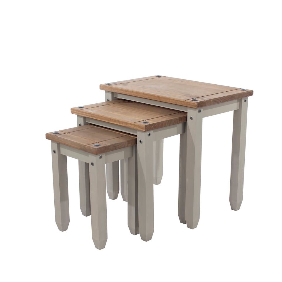 image 1 of Corona Set of 3 Solid Pine Nesting Tables - Sturdy Rustic Side Tables with Chunky Tops | Grey | Grey Wax | Small, Medium & Large | 3