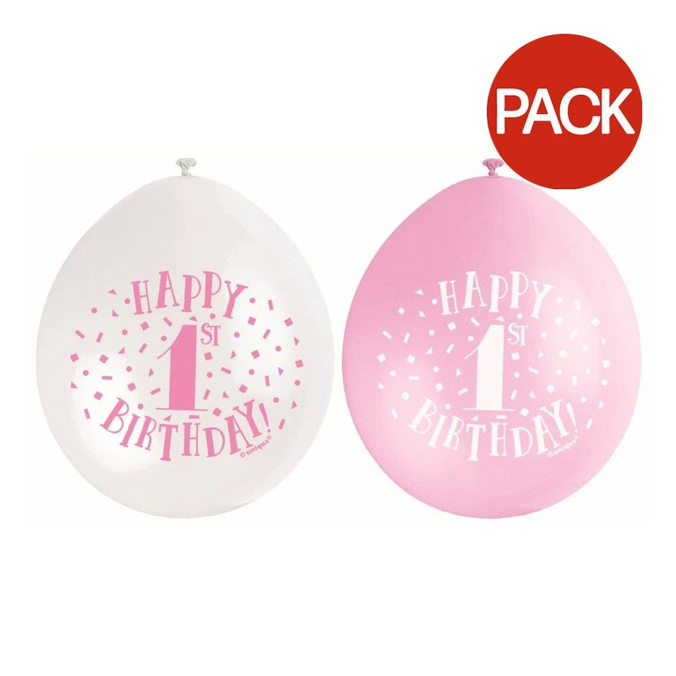 image 1 of Unique Party Happy 1st Birthday Latex Balloons (Pack of 10) - Pink/White - One Size