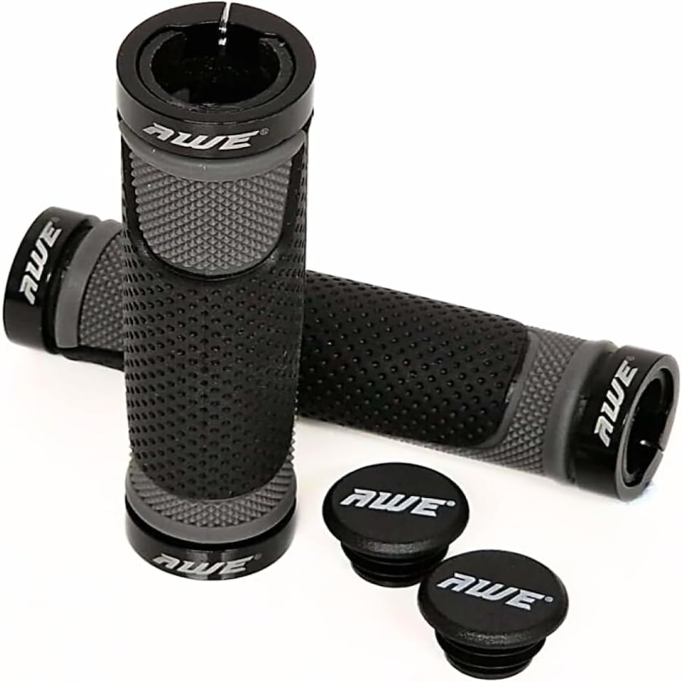 image 1 of AWE AWEGrip Alloy BMX MTB Bike Grey/Black Handlebar Locking Grips + End Caps