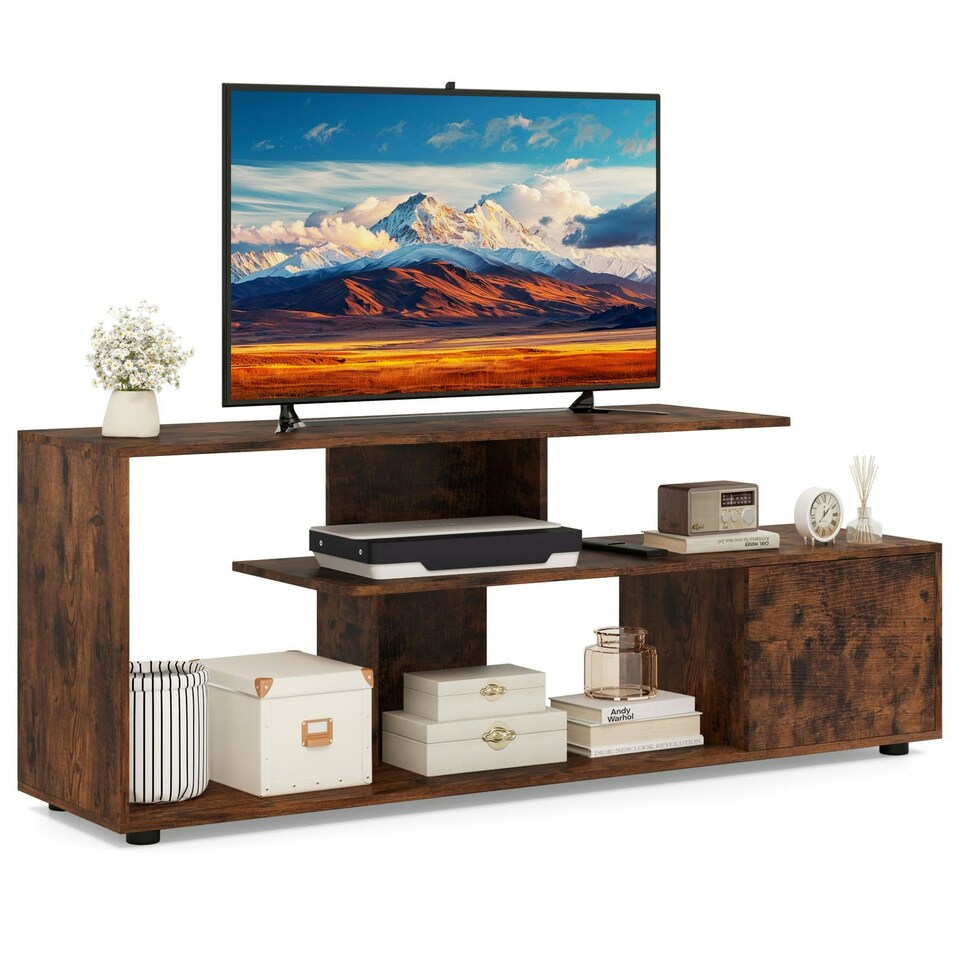 image 1 of COSTWAY TV Stand 55 Inches 3-Tier Entertainment Center Brown Brown