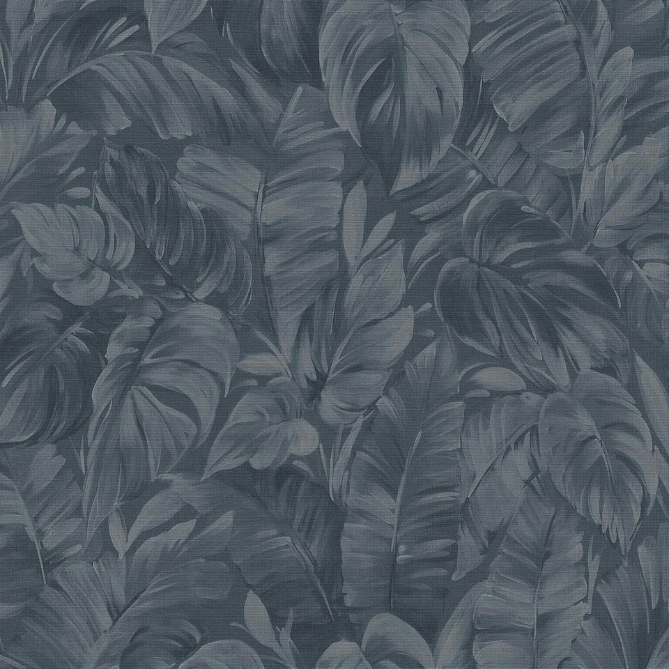 image 1 of Erismann Play Of Light Palm Leaf Vinyl Textured Wallpaper - Navy - 10m x 53cm Blue