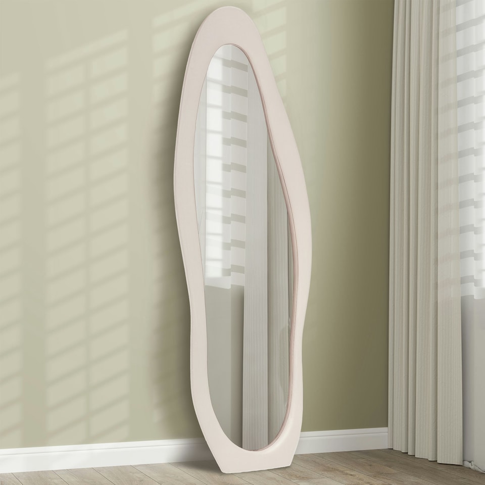 image 1 of HOMCOM Irregular Full Length Mirror with Velvet Frame 160 x 50cm Light Pink