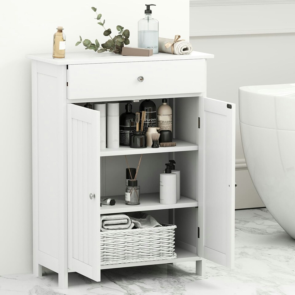 image 1 of COSTWAY Bathroom Floor Cabinet Storage Organizer White White