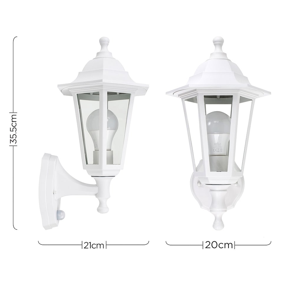 image 1 of ValueLights White Outdoor Garden Security IP44 Rated Wall Light Lantern With PIR Motion Detector Sensor And 1 x 6w LED ES E27 Bulb | White