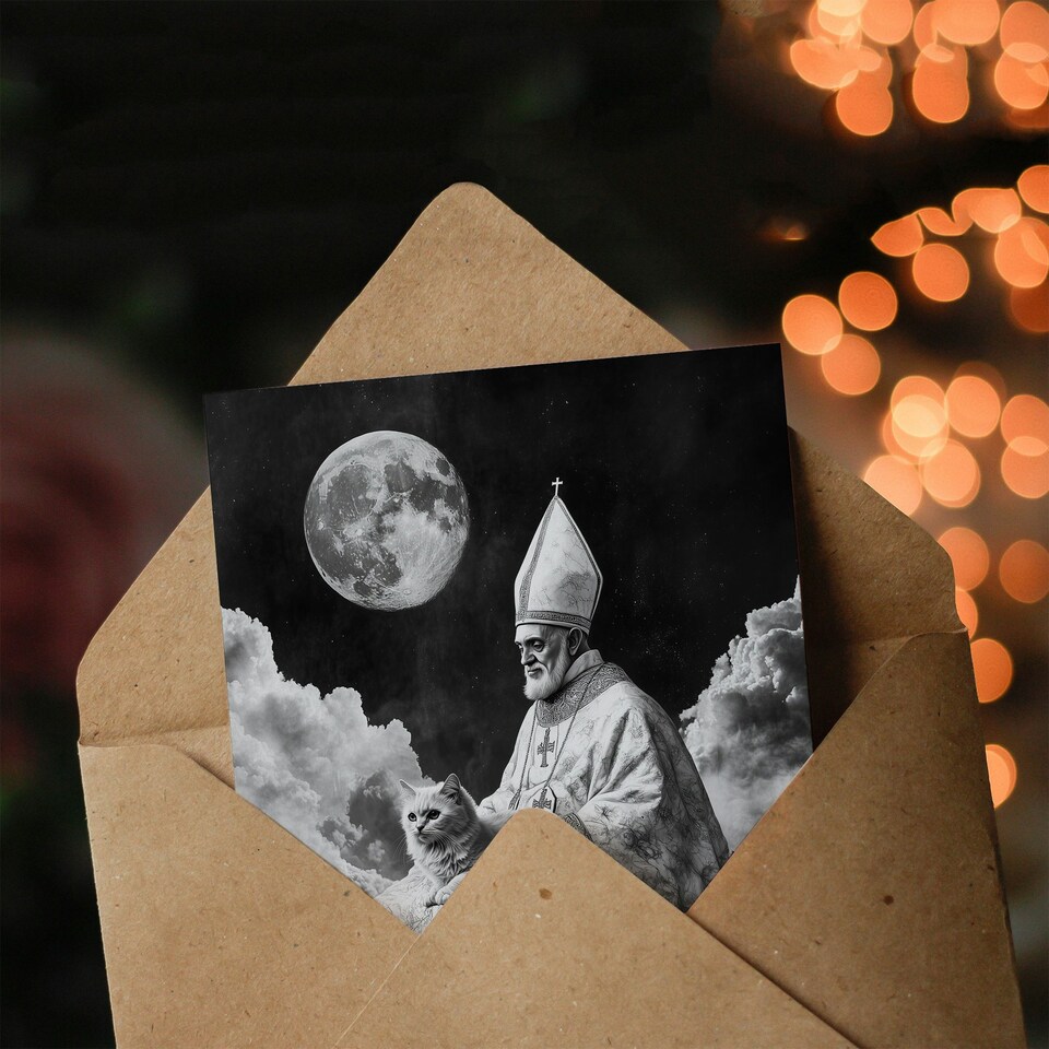 image 1 of Surreal Cat Lover Pope and Moon Black White Birthday Greeting Card